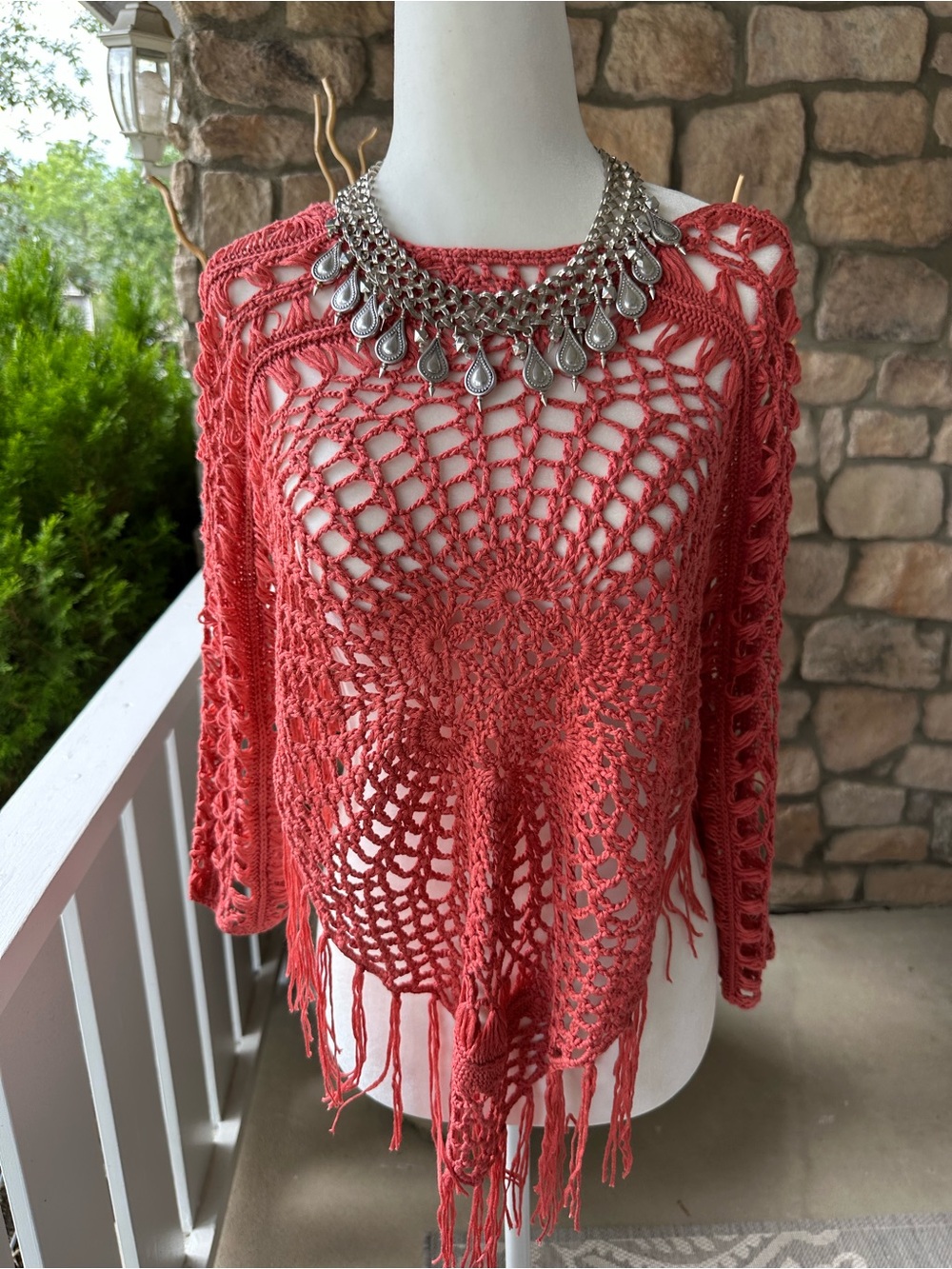 VENUS Coral Crochet Fringe Poncho Sweater NWT XS